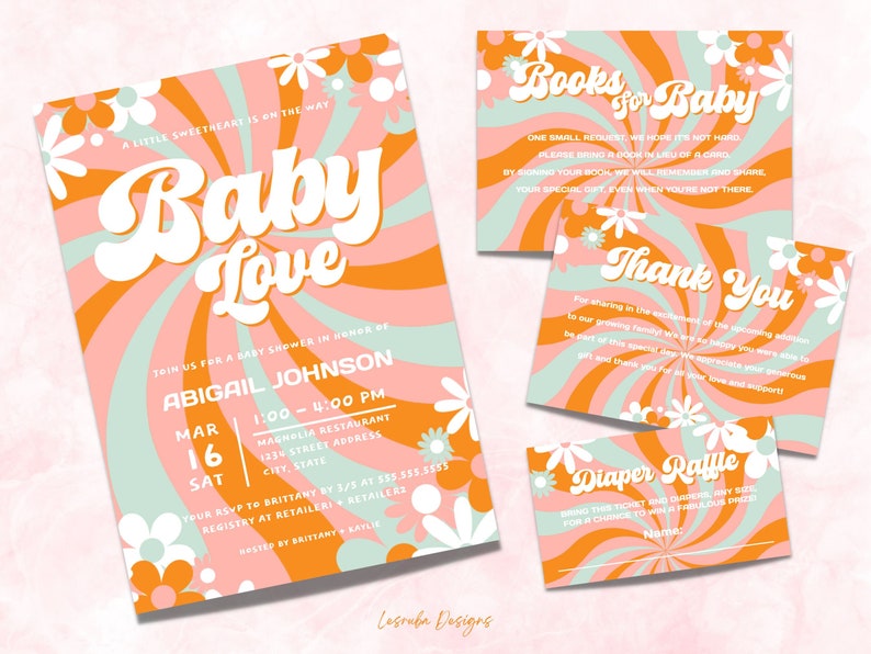 Baby Love Baby Shower Invitation Template, Groovy Retro 70s Daisy Baby Shower Set Printable, Diaper Raffle, Books for Baby, Baby Love image 2