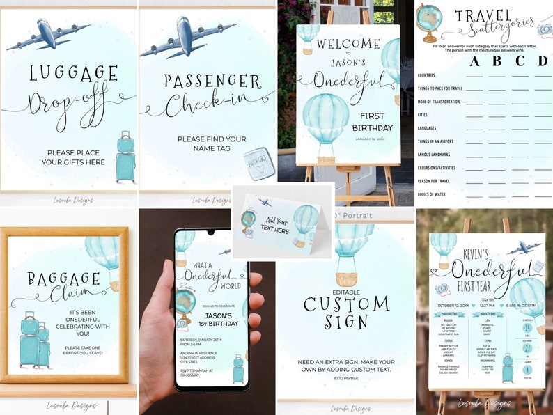May include: A set of printable signs for a first birthday party with a travel theme. The signs feature blue and white hot air balloons, airplanes, and luggage. The signs include "Welcome to Jason's Onederful First Birthday", "Luggage Drop-off", "Passenger Check-in", "Baggage Claim", "What a Onederful World", "Editable Custom Sign", and "Travel Scattergories".
