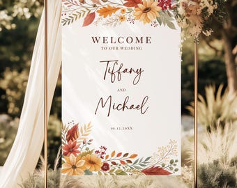 Mall för välkomstskylt för höstbröllop, digital bröllopsskylt med höstblommor, utskrivbar botanisk höstskylt, redigerbar välkomstskylt för nedladdning, 5 storlekar