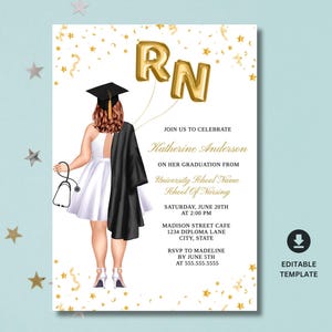 May include: A graduation invitation with a gold confetti background. The invitation features a cartoon illustration of a woman wearing a graduation cap and gown, holding a stethoscope. The text on the invitation reads "Join us to celebrate Katherine Anderson on her graduation from University School Name School of Nursing. Saturday, June 20th at 2:00 PM. Madison Street Cafe 1234 Diploma Lane City, State. RSVP to Madeline by June 5th at 555.555.5555. Editable Template."