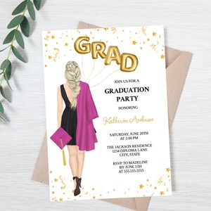 Graduation Invitation, Female Graduation Party Invitation, College Grad Invitation, Hot Pink Gold Graduation Invite, Editable Template
