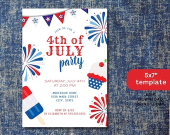 Editable 4th of July Party Invitation, Fireworks Invite, Independence Day Invite, Digital Download