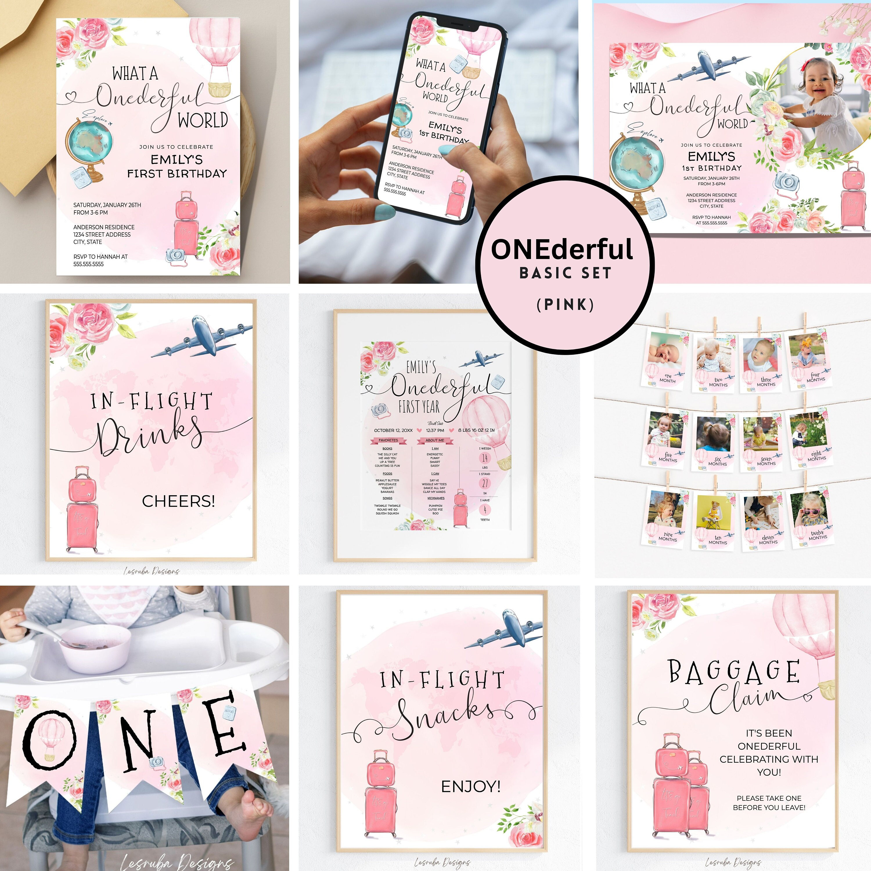 Pink First Birthday Invitation Set ONEderful Invitation, Girl 1st Birthday Party Invite Set, Travel Adventure First Birthday Party Digital