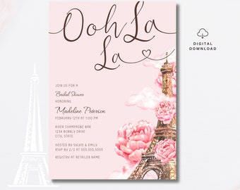 May include: A pink and white bridal shower invitation with a watercolor illustration of the Eiffel Tower and pink flowers. The text reads "Ooh La La" and includes details for a bridal shower honoring Madeline Peterson.