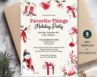 Puede incluir: Una invitación a una fiesta navideña con ilustraciones en acuarela de elementos festivos. El texto de la invitación dice "Favorite Things Holiday Party" con detalles del evento e información de RSVP, sobre un fondo crema.