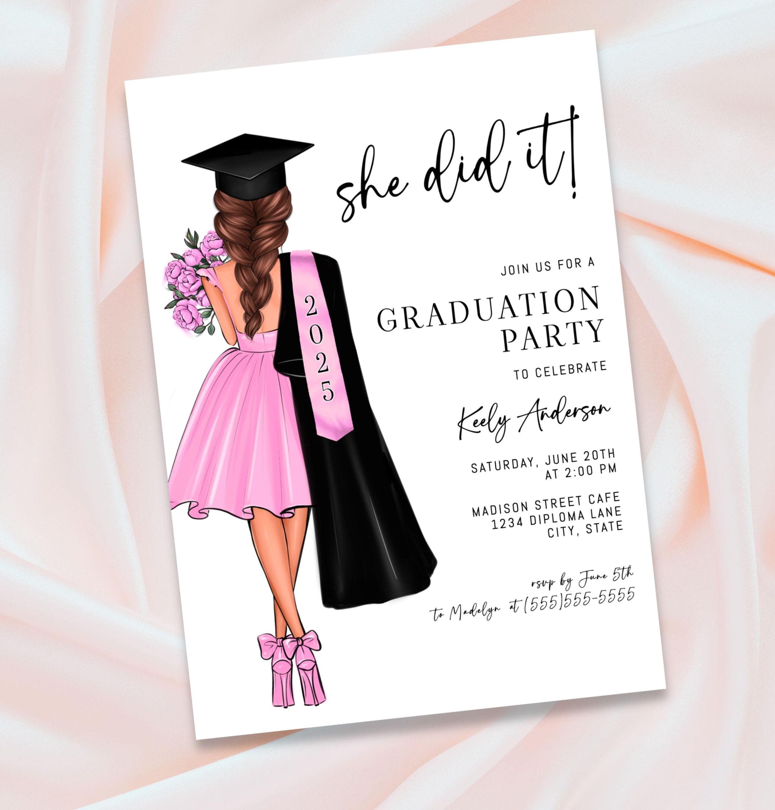 grad party invite cards She Did It Graduation Invitation Editable Template, Graduation Invitation for Her, Pink Party College High School Graduate spot uv coating. Elegant Graduation Party - Free