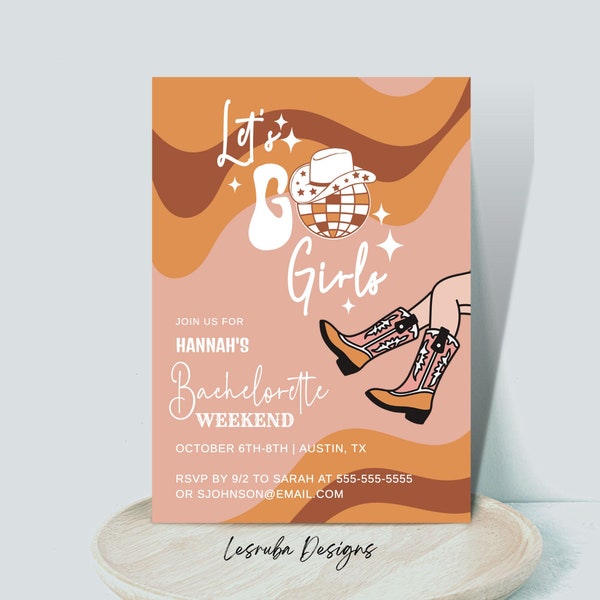 Disco Cowgirl Bachelorette Party Invitation Let's Go Girls Invite Bachelorette Invitation Template Groovy Cowgirl Bach Itinerary Template