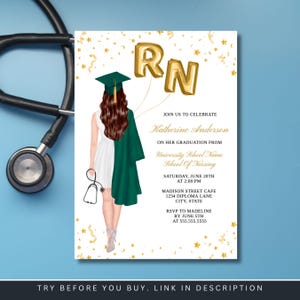 Registered Nurse Graduation Invitation, RN Nursing School Graduation Invitation, Female Nurse Graduate, Nursing Student Editable Template