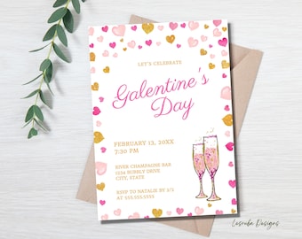 Galentine's Day Invitation, Valentine Girl Invitation, Galentine Invite, Heart Galentines Day Invite, Pink Gold Galentine Party Template