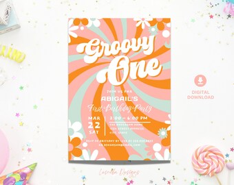 Groovy One First Birthday Invitation, Daisy Retro 1st Birthday Invitation, Hippie Girl 1st Birthday Invitation Editable Template Digital