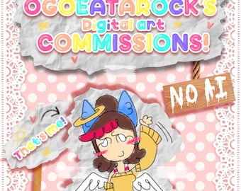 Op de afbeelding: Een advertentie voor digitale kunstcommissies met de tekst OGOEATAROCK'S Digital art COMMISSIONS! en NO AI op een houten bord. Een stripfiguur met bruin haar, blauwe kattenoren, een halo en witte vleugels zwaait, met een bordje met That's me!