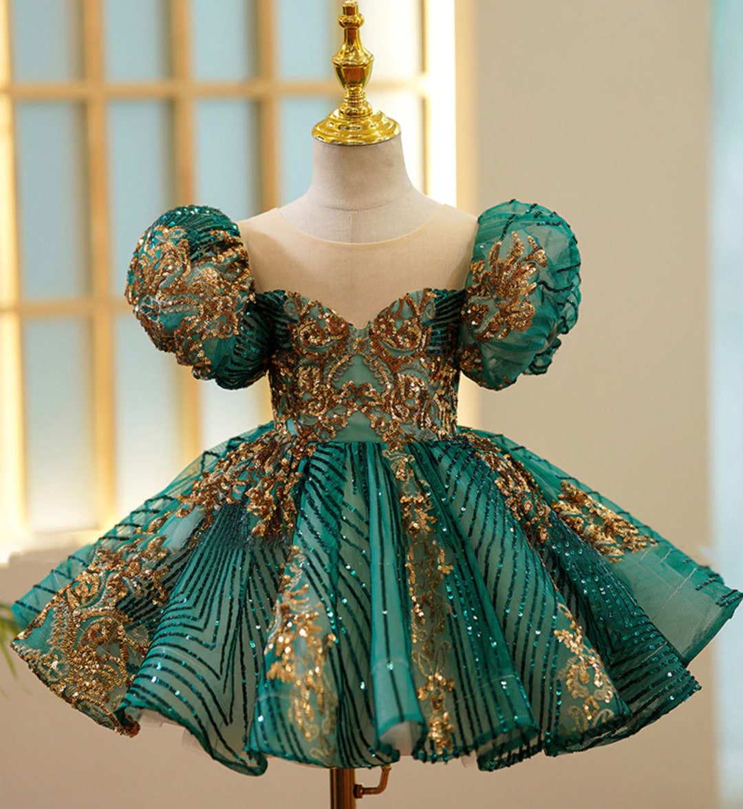 Kids Luxury Party Green Gold Dresses for Girls Birthday Etsy