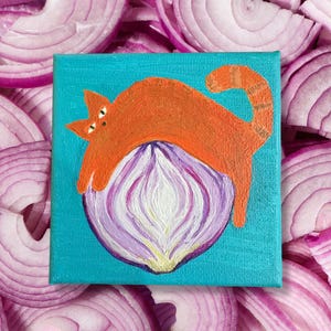 Cartoon Cat on Onion, Original Funky Acrylic Painting on Canvas