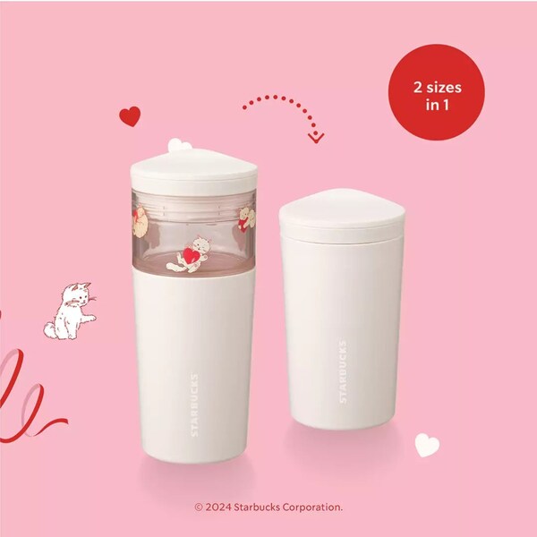 Starbucks Cold Cup Tumbler 16oz Cats & Ribbon Heart Valentine's Day 2024 Convertible 10oz Pink White Limited Exclusive