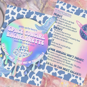 Unique Space Cowgirl Bachelorette Invite/E-Vite & Itinerary- INSTANT DOWNLOAD- Holographic Rainbow Cow Print- Galaxy