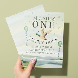 One Lucky Duck Birthday Invitation, Duck Hunting Theme Birthday Invite, One Lucky Duck Invite, Lucky Duck First Birthday Invite