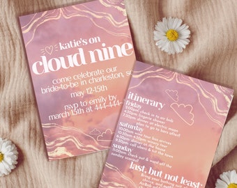 Cloud Nine Theme Bachelorette Invite & Itinerary - Instant Download- Pink Gold Metallic Accents