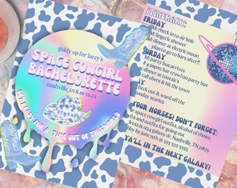 Einzigartige Space Cowgirl Bachelorette Invite/E-Vite & Reiseverlauf- INSTANT DOWNLOAD- Holographic Rainbow Cow Print- Galaxy