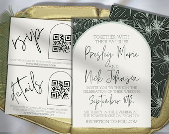 Arched Wedding Invitation Template Bundle- Emerald Green- RSVP - Details -Multiple Color/Size Options