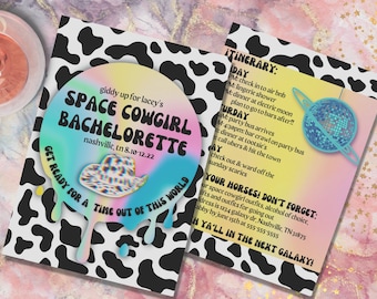 Cute Space Cowgirl Bachelorette Invite and Itinerary 2-in-1- Cow Print & Neon- Cosmic Disco Cowgirl