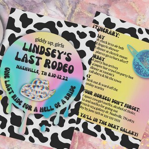Space Cowgirl Bachelorette Invitation & Itinerary - Cowprint / Disco/ Funky /Nashville - Let&#39;s Go Girls