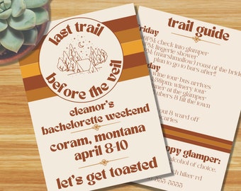 Camp Bachelorette Invitation Itinerary - Scottsdale / Groovy Desert Version - Front and Back - Camping Outdoor Bride