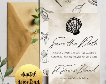 Invito "Seashell Save the Date": matrimonio in spiaggia (download digitale)