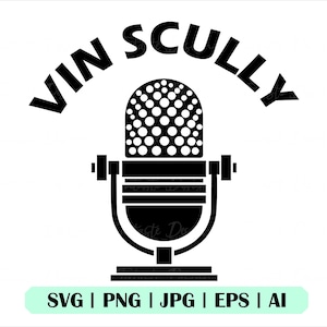 May include: Black and white graphic design of a microphone with the text "Vin Scully" above it. The text is in a curved arc shape.