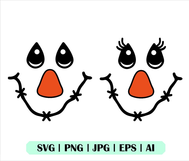 May include: Two black and white scarecrow faces with orange noses and black stitched smiles. The scarecrow on the left has simple eyes, while the scarecrow on the right has eyelashes.