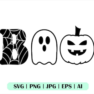 May include: Black and white graphic design of the word "BOO" with a spiderweb pattern in the "B", a ghost in the "O", and a jack-o'-lantern in the second "O".