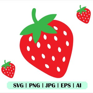 May include: A digital illustration of a red strawberry with green leaves and white seeds. Two smaller strawberries are also present. The image includes the text "SVG | PNG | JPG | EPS | AI" in a light green rectangle.
