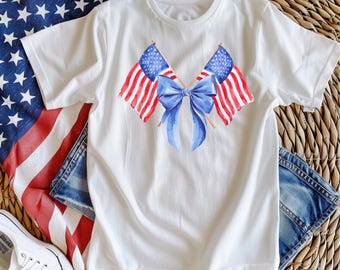 Patriotic Flags & Bows Graphic Tee, 4th of July Cotton Shirt
