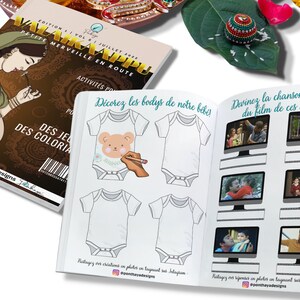 May include: A baby shower activity book with a colorful cover featuring a pregnant woman. The book includes activities like decorating baby onesies and guessing movie titles from clips. The book is titled "Valakappu: Petite Merveille en Route".