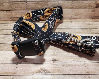 X-Large Black Cats and Jack o Lanterns Dog Collar and Leash Set