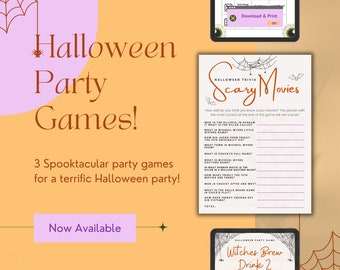 3 Fun Halloween Party Games, Printables, Witchy Party Games, Halloween Games, Drinking Game downloads, Drunk Dice, Scary Movie Trivia