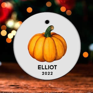May include: A round white ornament with a hand-painted orange pumpkin and green stem. The ornament has the name "ELLIOT" and the year "2022" printed in black.
