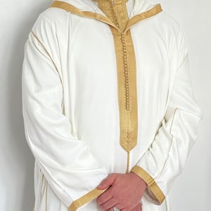 Hooded djellaba lightweight material Moroccan thobe Cream /Gold (Hooded)