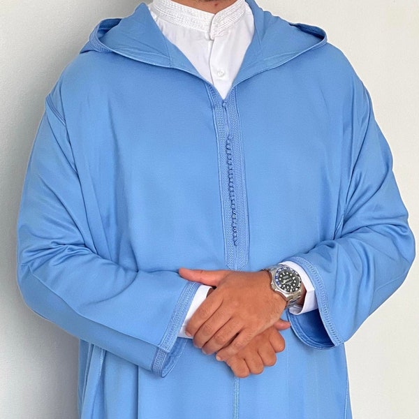 Material ligero de algodón con capucha/chilaba (azul cielo) Thobe marroquí