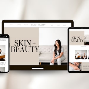 May include: A website homepage for a skin and beauty business called "Skin + Beauty". The website features a photo of a woman sitting on a couch, a navigation bar with links to "About Us", "Services", "Pre-Paid", "Shop", "Book", and "Contact", and a section titled "Top Services" with images of different services offered.