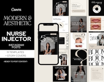 May include: A collection of Instagram post templates for nurse injectors. The templates feature a modern aesthetic with black and white color scheme. The text includes "Nurse Injector", "Instagram Posts", "111 Templates + Story Covers", "Ready to Post Content", "5 Tips from Injector Silvina", "What is Dysport?", "Now Booking Appointments", "Lip Filler", "What is a Tear Trough Filler?", "Out of Office", "What are Wrinkles?", "Botox", "Giveaway", "Gift Cards Available", "Post-Care", and "Anti-Aging".
