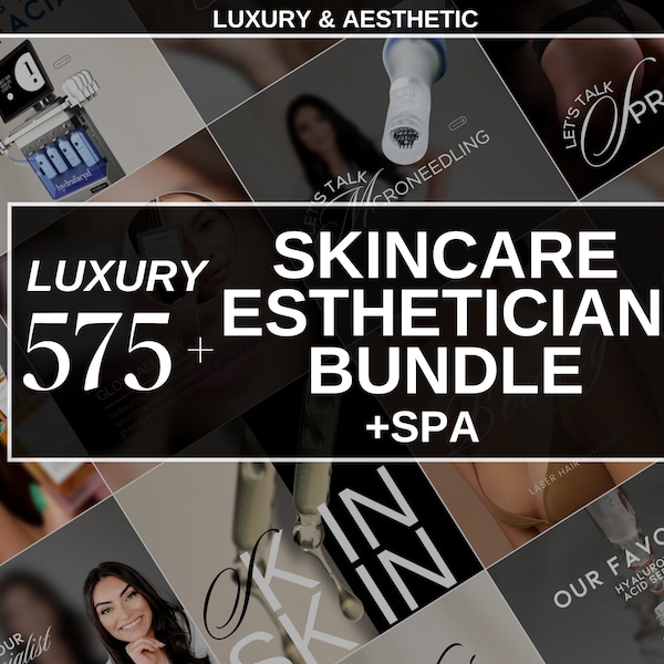 May include: A collage of images promoting a skincare and esthetician bundle. The text "LUXURY 575+ SKINCARE ESTHETICIAN BUNDLE +SPA" is featured in the center of the collage. The images include close-ups of skincare products, tools, and models.