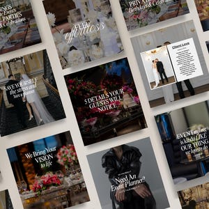 May include: A collection of square social media graphics featuring event planning services. The images display wedding scenes, floral arrangements, and text overlays such as '5 DETAILS YOUR GUESTS WILL NOTICE' and 'We Bring Your VISION to life'.
