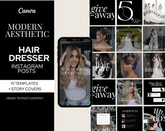 Op de afbeelding: Een verzameling van 111 Instagram-posttemplates voor kappers, met afbeeldingen van modellen met verschillende kapsels, tekstoverlays en een zwart-wit kleurenschema. De tekst bevat zinnen zoals "giveaway", "haarverzorging", "boeking" en "bruiloftsfeest".