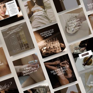 May include: A collection of square images with text related to skincare and wellness. The images feature text like "Testimonial", "Peptides are doing what everything else couldn't", and "Collagen production declines every year". The color palette is neutral with a focus on beige and brown tones.