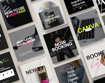 May include: A collection of nine social media post templates with black and white backgrounds. The templates feature text such as "How to Use #Hashtags", "Next-Level Social Media", "Top Trending Audios", "Now Booking", "Canva Hacks", "Booked + Busy", "Let's Talk Social Media Etiquette Tips", and "New Arrivals".