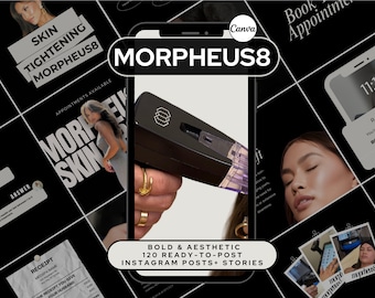 May include: A black and white graphic design with the text "MORPHEUS8" in large white letters. The graphic design is surrounded by smaller black and white squares with text and images. The text includes "Skin Tightening MORPHEUS8", "Appointments Available", "Book Appointment", "Receipt", "Answer", "BOLD & AESTHETIC 120 READY-TO-POST INSTAGRAM POSTS + STORIES", and "11:11 REM You're the one BOOK YOUR". The images include a woman's face, a hand holding a black device, and a close-up of the device.