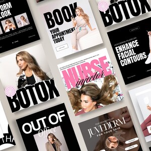 May include: A collage of images promoting cosmetic injectables and dermal fillers. The images feature a woman in a medical uniform, a woman with a syringe, and a woman with a mirror. The text on the images includes "Botox", "Nurse Injector", "Enhance Facial Contours", "Top Benefits of Juvederm", and "Book Your Appointment Today".