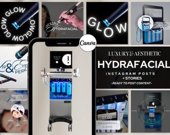 Peut inclure: Un collage d'images faisant la promotion d'un traitement hydrafacial. Les images montrent un gros plan de la machine hydrafacial, une personne recevant un traitement hydrafacial et un écran de téléphone avec le texte "07:00 Réservez un rendez-vous". Le texte "LUXURY & AESTHETIC HYDRAFACIAL INSTAGRAM POSTS + STORIES -READY TO POST CONTENT- " est également inclus dans l'image.