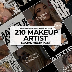 Peut inclure: Un collage d'images faisant la promotion des services d'une maquilleuse. Les images présentent une femme appliquant du mascara, une femme avec un pinceau à maquillage et une femme portant un chapeau. Le texte sur le collage comprend "210 Makeup Artist", "Moderne & Esthétique", "Prêt à publier", "Publication sur les médias sociaux", "Conseils pour le mascara", "Mes fondations préférées", "Nouvelles réservations de rendez-vous" et "Acceptation de nouveaux clients".