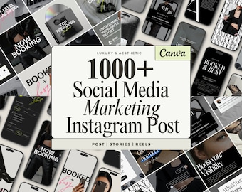 Może przedstawiać: Kolaż ponad 1000 szablonów postów na Instagramie do marketingu w mediach społecznościowych w czerni i bieli z akcentami różu i żółci. Tekst "1000+ Social Media Marketing Instagram Post" jest pogrubiony biały na czarnym tle. Tekst "Post | Stories | Reels" jest biały na czarnym tle.